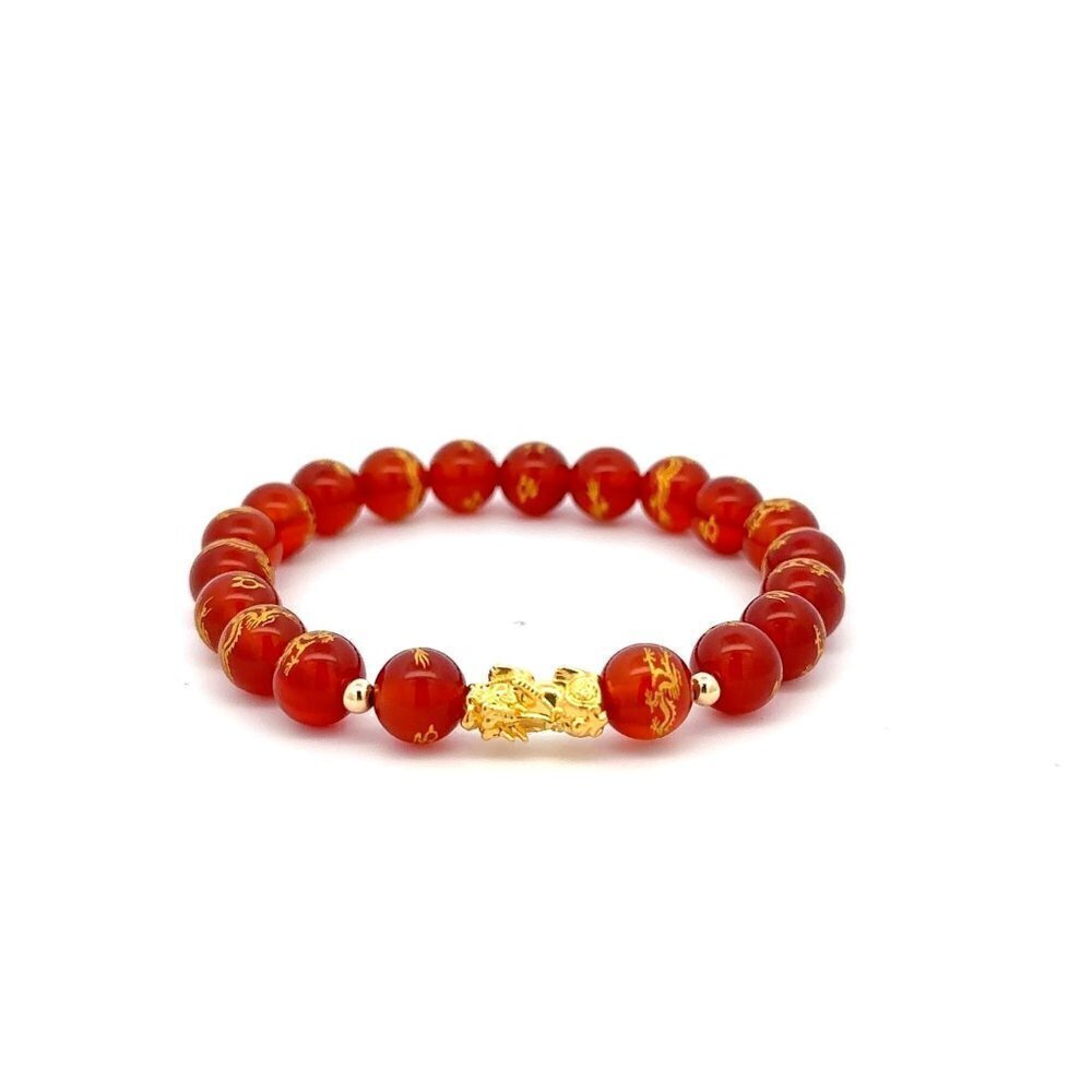 18K Gold Dragon Pixiu Piyao Lucky Charm Beads Bracelet Gemstones Red Agate 8mm